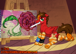 Size: 3508x2481 | Tagged: safe, artist:h-stallionwolf, oc, oc only, oc:marker pace, butt, clothes, cute, flower, high res, mouth hold, painting, plot, socks, solo, striped socks, sultry pose, underhoof