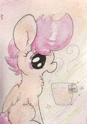 Size: 789x1126 | Tagged: safe, artist:slightlyshade, scootaloo, g4, female, solo, tea, traditional art