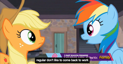 Size: 1600x830 | Tagged: safe, screencap, applejack, rainbow dash, g4, the cutie map, eye contact, meme, open mouth, wide eyes, youtube caption