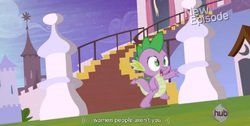 Size: 1575x793 | Tagged: safe, screencap, spike, dragon, g4, canterlot, meme, stairs, the hub, youtube caption