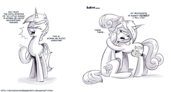 Size: 1652x887 | Tagged: safe, artist:saturdaymorningproj, bon bon, lyra heartstrings, sweetie drops, earth pony, pony, unicorn, g4, slice of life (episode), crying, dialogue, episode 100, eyes closed, female, grayscale, hug, humie, mare, monochrome, open mouth, raised hoof, simple background, sitting, white background