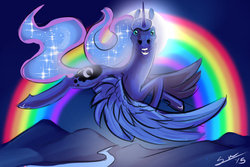 Size: 1200x800 | Tagged: safe, artist:blindcoyote, princess luna, g4, female, flying, halo, hoers, majestic as fuck, night, rainbow, solo