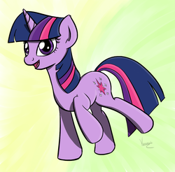 Size: 1200x1179 | Tagged: safe, artist:varemia, twilight sparkle, g4, balancing, female, open mouth, raised hoof, raised leg, smiling, solo