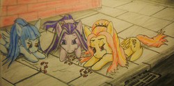 Size: 3648x1814 | Tagged: safe, artist:40kponyguy, derpibooru exclusive, adagio dazzle, aria blaze, sonata dusk, pegasus, pony, g4, broken, crying, equestria girls ponified, feels, female, pegasus adagio dazzle, pegasus sonata dusk, ponified, shattered, the dazzlings, traditional art, trio, trio female