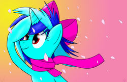 Size: 3500x2250 | Tagged: safe, artist:yuradhear, oc, oc only, oc:coldtooth, pony, unicorn, bow, clothes, high res, petals, scarf, solo