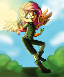 Size: 1194x1422 | Tagged: safe, artist:captainsnarkyninja, fluttershy, anthro, g4, alternate universe, bush, clothes, cloud, day, female, glasses, solo, sun light