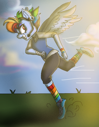Size: 1020x1306 | Tagged: safe, artist:captainsnarkyninja, rainbow dash, anthro, g4, alternate universe, clothes, cloud, crossover, female, headset, rainbow socks, running, scout (tf2), smiling, socks, solo, striped socks, sun light, team fortress 2