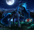 Size: 2200x2000 | Tagged: safe, artist:bra1neater, princess luna, alicorn, pony, g4, female, fluffy, high res, lake, looking at you, magic, moon, mountain, night, present, raised hoof, smiling, solo, spread wings, telekinesis