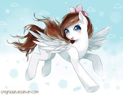 Size: 900x703 | Tagged: safe, artist:greyradian, oc, oc only, oc:akira, pegasus, pony, abstract background, blushing, bow, digital art, female, flying, hair bow, looking at you, mare, open mouth, signature, smiling, solo, sparkly eyes, spread wings, underhoof, windswept mane, windswept tail, wingding eyes, wings