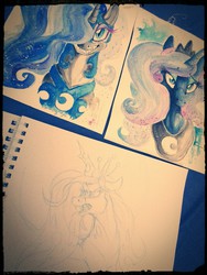 Size: 960x1280 | Tagged: safe, artist:donika-schovina, nightmare moon, princess luna, queen chrysalis, g4, fangs, traditional art
