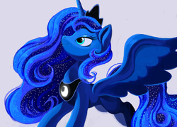 Size: 2800x2000 | Tagged: safe, artist:shira-hedgie, princess luna, alicorn, pony, g4, blue eyes, crown, ethereal mane, eyelashes, female, happy, high res, horn, jewelry, looking up, regalia, simple background, smiling, solo, spread wings, wavy mane, white background, wings