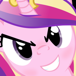 Size: 4800x4800 | Tagged: safe, edit, princess cadance, g4, absurd resolution, blushing, close-up, face, female, glare, grin, hi anon, inverted mouth, looking at you, meme, smirk, solo