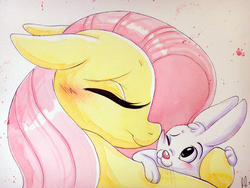 Size: 1341x1008 | Tagged: safe, artist:prettypinkpony, angel bunny, fluttershy, pegasus, pony, g4, cuddling, duo, eyes closed, female, floppy ears, male, ship:angelshy, shipping, snuggling, straight, traditional art, watercolor painting