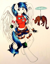 Size: 1502x1920 | Tagged: safe, artist:shyredd, oc, oc only, oc:thyme flies, cat, pegasus, anthro, clothes, elbow pads, final fantasy, flying, gloves, goggles, helicopter, knee pads, markers, necessary cleavace, one piece, rikku, solo, traditional art, tribute
