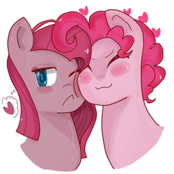 Size: 1024x1024 | Tagged: safe, artist:megaimpact, pinkie pie, g4, :<, blushing, bubble berry, eyes closed, female, frown, heart, male, nuzzling, pinkamena diane pie, rule 63, self ponidox, selfcest, ship:bubblepie, shipping, smiling, squishy cheeks, straight, thought bubble, tsunderamena, tsundere, wink