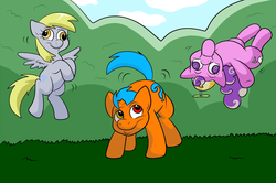 Size: 850x566 | Tagged: safe, artist:technicolor pie, derpy hooves, screwball, pegasus, pony, g4, female, mare