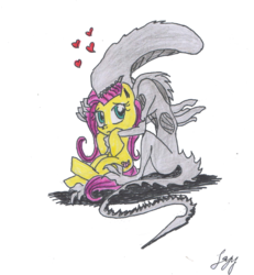 Size: 1824x1975 | Tagged: safe, artist:leyzy, fluttershy, xenomorph, g4, alien (franchise), crossover, cuddling, heart, simple background, snuggling, transparent background