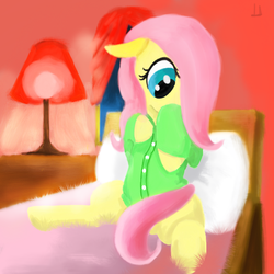 Size: 600x600 | Tagged: safe, artist:dogduck, fluttershy, g4, bed, clothes, female, pajamas, pillow, solo