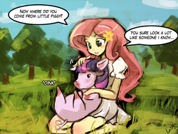 Size: 960x720 | Tagged: safe, artist:lumineko, fluttershy, twilight sparkle, pig, equestria girls, g4, 30 minute art challenge, barefoot, blushing, cute, feet, grass, kneeling, monster hunter, nature, oink, open mouth, petting, pigified, poogie, species swap, transformation, twiggy piggy, twilight porkle