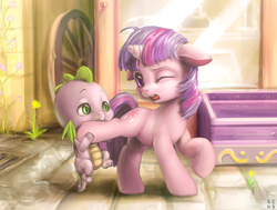 Size: 3024x2288 | Tagged: safe, artist:mrs1989, spike, twilight sparkle, dragon, pony, unicorn, g4, baby spike, biting, cute, cute little fangs, fangs, female, filly, filly twilight sparkle, floppy ears, high res, looking at each other, male, newborn spike, one eye closed, open mouth, pain, raised hoof, raised leg, spikabetes, unicorn twilight, wink, younger