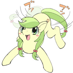Size: 500x500 | Tagged: safe, artist:hiza take, apple fritter, earth pony, pony, g4, apple family member, behaving like a dog, cute, female, japanese, pixiv, simple background, solo, tail wag, white background