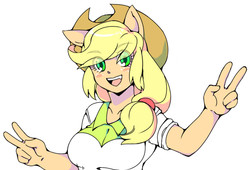 Size: 675x459 | Tagged: safe, artist:hiza take, applejack, equestria girls, g4, eared humanization, female, humanized, pixiv, ponied up, solo