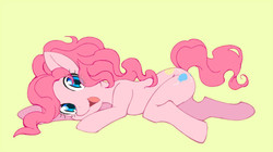 Size: 604x338 | Tagged: safe, artist:hiza take, pinkie pie, earth pony, pony, g4, (:3」∠), cute, diapinkes, eye clipping through hair, female, looking at you, lying down, on side, open mouth, pixiv, simple background, solo, yellow background