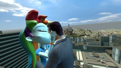 Size: 1360x768 | Tagged: safe, artist:3d thread, artist:creatorofpony, rainbow dash, equestria girls, g4, 3d, 3d model, blender, city, clothes, crack shipping, female, g-man, half-life, kissing, shirt, solo, wristband