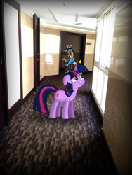 Size: 2448x3264 | Tagged: safe, artist:byteslice edits, artist:missbeigepony, artist:omarpixel19, edit, discord, twilight sparkle, g4, hallway, high res, irl, photo, police uniform, ponies in real life, reflection, shadow, window