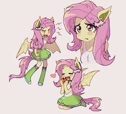Size: 668x600 | Tagged: safe, artist:baekgup, fluttershy, bat pony, equestria girls, g4, apple, blushing, clothes, cute, eyes closed, fangs, female, flutterbat, frown, glare, heart, kneeling, open mouth, ponied up, race swap, shyabates, shyabetes, simple background, sleeveless, smiling, solo, tank top, white background