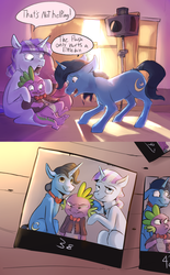 Size: 1280x2067 | Tagged: safe, artist:imsokyo, night light, spike, twilight velvet, daily life of spike, g4, angry, camera, clothes, embarrassed, faic, frown, glare, photo, screaming, smiling, speech bubble, spike is not amused, spike's family, suit, tumblr, twilight velvet is not amused, unamused, varying degrees of want, wavy mouth