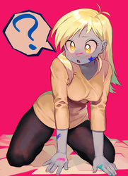 Size: 634x875 | Tagged: safe, artist:hotomura, derpy hooves, equestria girls, g4, breasts, busty derpy hooves, clothes, colored pupils, female, kneeling, paint, question mark, solo