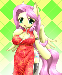 Size: 578x700 | Tagged: safe, artist:hashioaryut, fluttershy, pegasus, anthro, arm hooves, breasts, busty fluttershy, cheongsam, chinese new year, cleavage, clothes, female, multiple variants, pixiv, side slit, solo