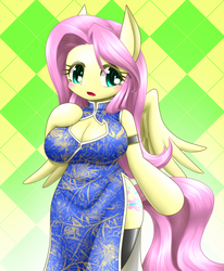 Size: 578x700 | Tagged: safe, alternate version, artist:hashioaryut, fluttershy, pegasus, anthro, g4, alternate color palette, arm hooves, breasts, busty fluttershy, cheongsam, chinese new year, cleavage, clothes, female, multiple variants, pixiv, side slit, solo