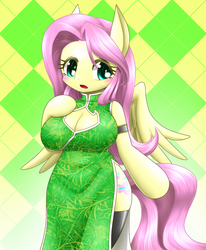Size: 578x700 | Tagged: safe, alternate version, artist:hashioaryut, fluttershy, pegasus, anthro, g4, alternate color palette, arm hooves, breasts, busty fluttershy, cheongsam, chinese new year, cleavage, clothes, female, multiple variants, pixiv, side slit, solo