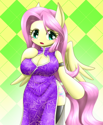 Size: 578x700 | Tagged: safe, alternate version, artist:hashioaryut, fluttershy, pegasus, anthro, g4, alternate color palette, arm hooves, breasts, busty fluttershy, cheongsam, chinese new year, cleavage, clothes, female, multiple variants, pixiv, side slit, solo