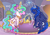 Size: 1000x700 | Tagged: safe, artist:kkitsu, discord, princess celestia, princess luna, g4, alternate hairstyle, female, korean, male, now kiss, ship:lunacord, shipper on deck, shipping, straight, unamused