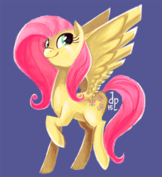 Size: 780x855 | Tagged: safe, artist:maltese101, fluttershy, pegasus, pony, g4, blue background, female, looking away, looking up, mare, simple background, smiling, solo, spread wings, wings