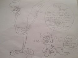 Size: 2068x1534 | Tagged: safe, scootaloo, g4, forever alone, looney tunes, meme, monochrome, road runner, sad, traditional art