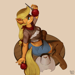 Size: 5000x5000 | Tagged: safe, artist:kevinsano, applejack, earth pony, anthro, unguligrade anthro, futa folio, g4, absurd resolution, boots, candy apple, clothes, female, freckles, hat, licking, looking at you, looking back, multiple variants, neckerchief, skirt, solo, tongue out