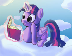 Size: 792x612 | Tagged: safe, artist:princrim, twilight sparkle, alicorn, pony, g4, cloud, female, magic, mare, on a cloud, reading, solo, telekinesis, twilight sparkle (alicorn)