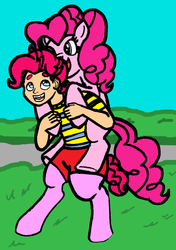 Size: 1225x1736 | Tagged: safe, artist:oneovertwo, pinkie pie, oc, oc:pogo, satyr, g4, cute, mother and son, offspring, parent:pinkie pie, piggyback ride