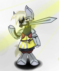 Size: 750x900 | Tagged: safe, artist:radecfrack, derpy hooves, pegasus, pony, g4, angry, armor, eyepatch, fantasy class, female, knight, light, mare, serious face, solo, sword, warrior