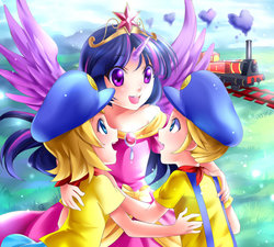 Size: 1024x922 | Tagged: safe, artist:kagomesarrow, twilight sparkle, human, g4, clothes, crossover, crown, dress, element of magic, horn, horned humanization, humanized, kagamine len, kagamine rin, train, twilight sparkle (alicorn), vocaloid, winged humanization