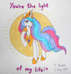 Size: 2206x2296 | Tagged: safe, artist:boldrold, princess celestia, g4, bedroom eyes, blushing, female, hair over one eye, heart, high res, looking at you, raised hoof, smiling, solo, sun, traditional art, valentine