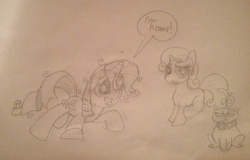 Size: 2402x1534 | Tagged: safe, opalescence, rarity, sweetie belle, g4, drunk, drunk rarity, monochrome, traditional art