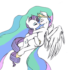 Size: 800x746 | Tagged: safe, artist:jalm, princess celestia, rarity, g4, blushing, colored, eyes closed, female, flying, hug, imminent kissing, lesbian, ship:rarilestia, shipping, smiling, spread wings