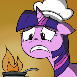 Size: 1390x1390 | Tagged: safe, artist:anearbyanimal, twilight sparkle, pony, g4, chef's hat, cooking, cute, fail, fire, frying pan, hat, hilarious in hindsight, solo, this will end in tears and/or breakfast