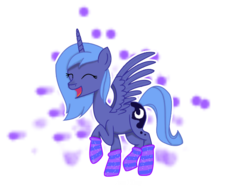 Size: 640x480 | Tagged: safe, artist:moonwalkingmjeve, princess luna, g4, clothes, eyes closed, female, happy, s1 luna, simple background, socks, solo, spread wings, striped socks, transparent background