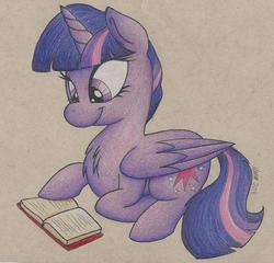 Size: 1715x1648 | Tagged: safe, artist:artisticwerks, twilight sparkle, alicorn, pony, g4, book, chest fluff, female, mare, prone, reading, solo, traditional art, twilight sparkle (alicorn)